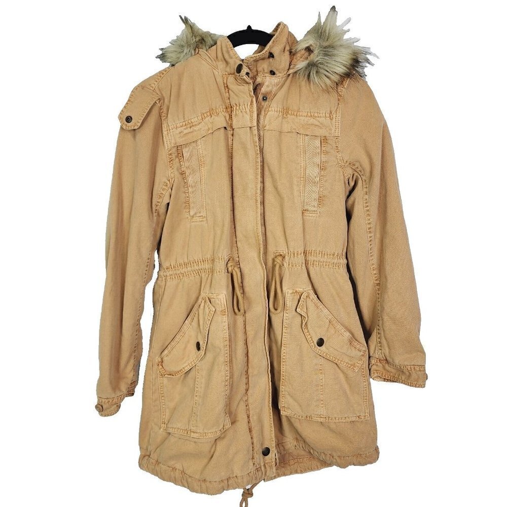 American Eagle Tan Chore Coat Parka Faux Fur Jacket Brown Womens XXS